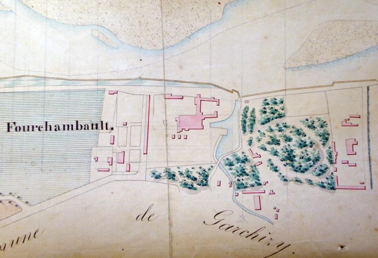 Plan des usines et du bassin de Fourchambault, ingénieur en chef Mutrécy-Maréchal, 5 avril 1839. (direction départementale de l'équipement de la Nièvre, Nevers, Boite 91).
