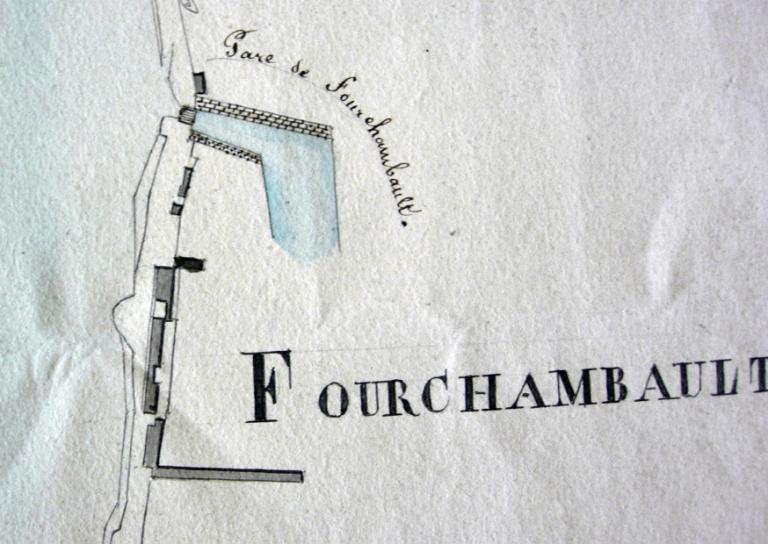 Plan général de la Loire à Givry et Fourchambault dressé par l'ingénieur ordinaire, non daté (après réalisation du pont suspendu en 1836 et avant début du creusement de l'embranchement de Givry en 1841). Détail sur le bassin.