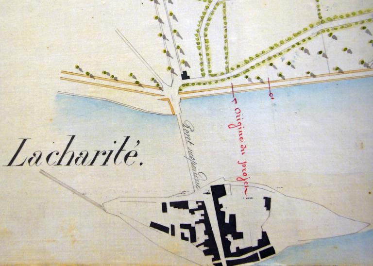 Défense de la levée de La Charité sur 1574 mètres, ingénieur ordinaire Ducros, 16 octobre 1847. Détail sur l'île de La Charité. (archives nationales, F 14 6550).