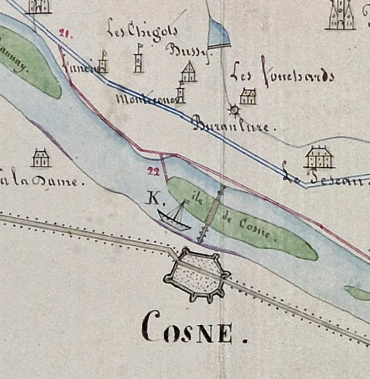 Carte de la Loire avec mention des bacs dressée par l'ingénieur en chef des Ponts-et-Chaussées du département du Cher le 11 décembre 1833. Détail sur Cosne. (archives nationales, F 14 6549).