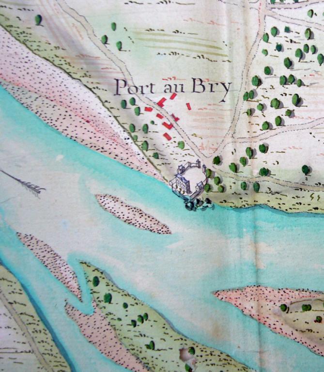 Carte du cours des rivières de Loire et d'Allier depuis Orléans en remontant jusqu'à Decize et Vichy, levée en 1727-1730 sous la conduite du sieur Matthieu. Détail sur le Port au Bry. (école nationale des Ponts-et-Chaussées, Folio 4969).