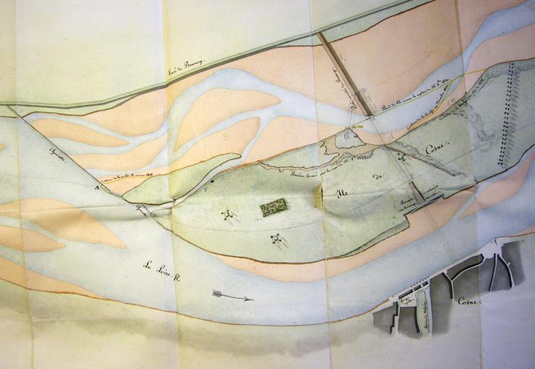 Plan général de l'île et du barrage de Cosne dressé par l'ingénieur ordinaire d'Haranguier de Quincerot le 15 novembre 1822. Détail. (archives nationales, F 14 6549).