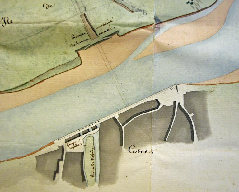 Plan général de l'île et du barrage de Cosne dressé par l'ingénieur ordinaire d'Haranguier de Quincerot le 15 novembre 1822. Détail. (archives nationales, F 14 6549).