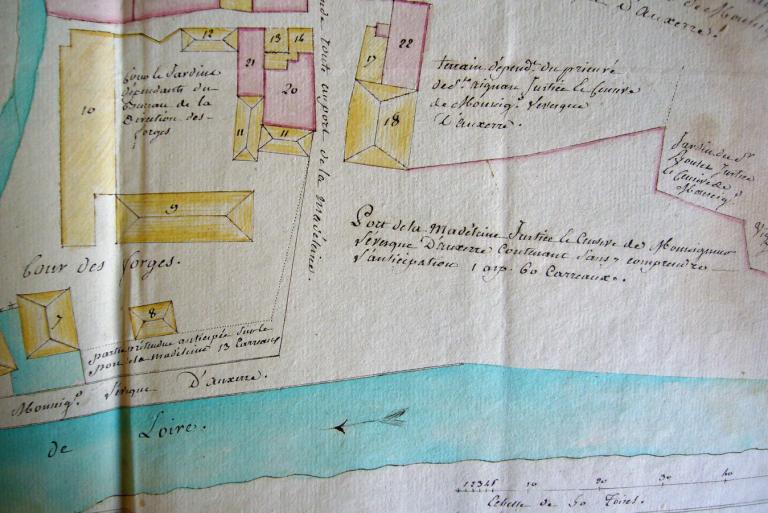 Plan des forges royales de Cosne et dépendances, 1785. Détail sur le port de la Madeleine. (archives nationales, F 14 167 a).