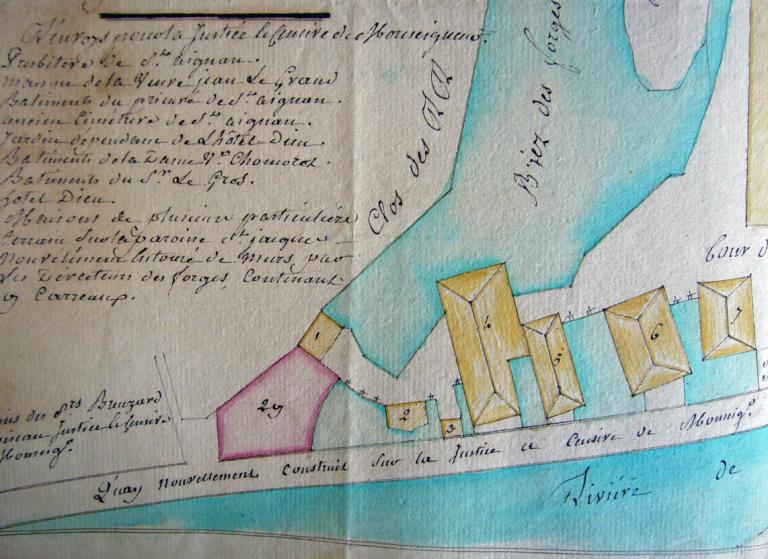 Plan des forges royales de Cosne et dépendances, 1785. Détail sur les quais nouvellement construits. (archives nationales, F 14 167 a). ; Plan des forges royales de Cosne et dépendances, 1785. Détail sur les quais nouvellement construits. (archives nationales, F 14 167 a).