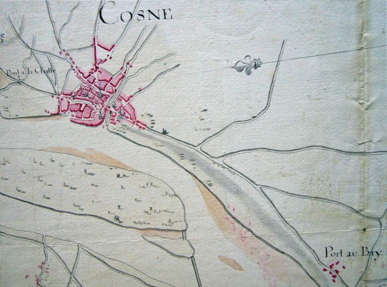 Carte du cours de la Loire, XVIIIe siècle. Détail sur Cosne et le Port au Bry. (archives nationales, CP F 14 100 66/4, dossier 4, pièce 5).