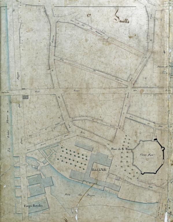 Plan d'alignement de 1836. Détail sur les quais en amont et en aval du pont. (archives municipales de Cosne-Cours-sur-Loire, 1 O 2).