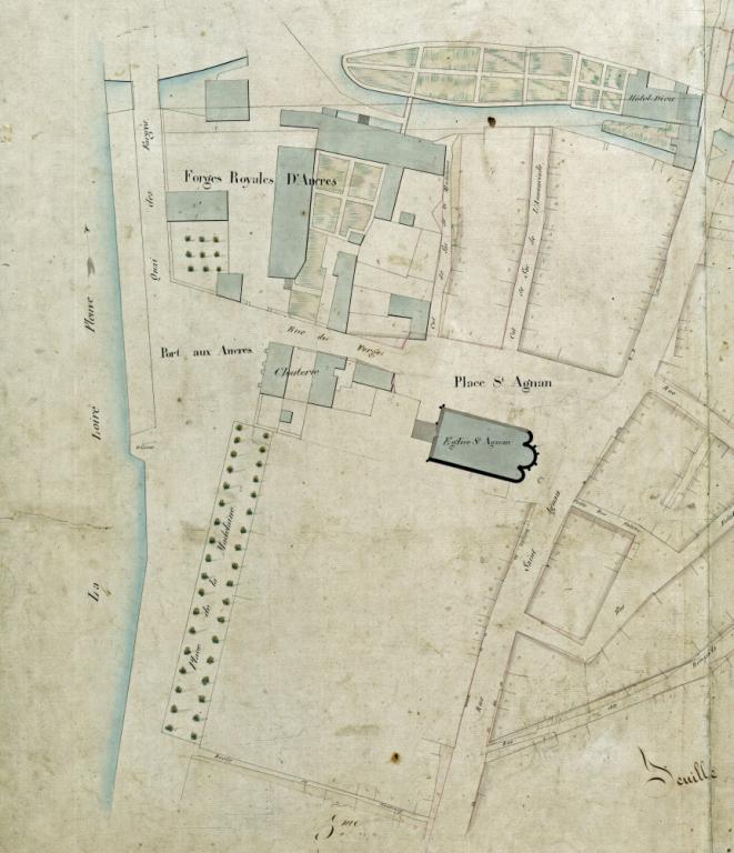 Plan d'alignement de 1836. Détail sur les forges royales et le port aux Ancres. (archives municipales de Cosne-Cours-sur-Loire, 1 O 2). ; Plan d'alignement de 1836. Détail sur les forges royales et le port aux Ancres. (archives municipales de Cosne-Cours-sur-Loire, 1 O 2).