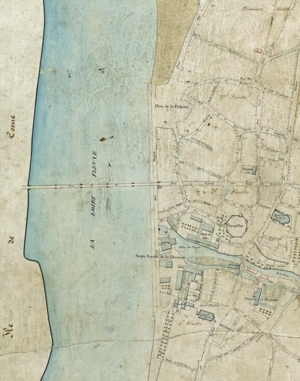 Plan général d'alignement de la ville de Cosne et faubourgs par le géomètre Bec, 1836. Détail. (archives municipales de Cosne-Cours-sur-Loire, 1 O 2). ; Plan général d'alignement de la ville de Cosne et faubourgs par le géomètre Bec, 1836. Détail. (archives municipales de Cosne-Cours-sur-Loire, 1 O 2).
