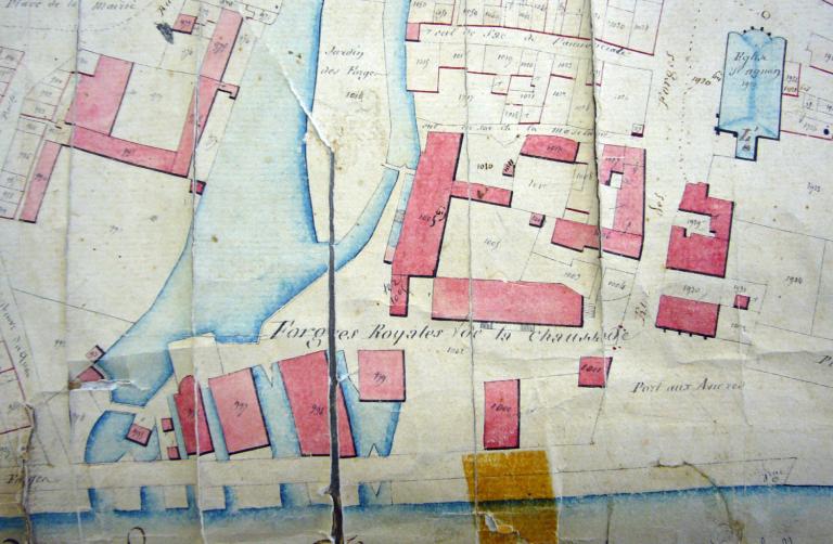 Extrait du cadastre napoléonien de 1835 : les forges royales et le port aux Ancres. (direction des impôts de Nevers).