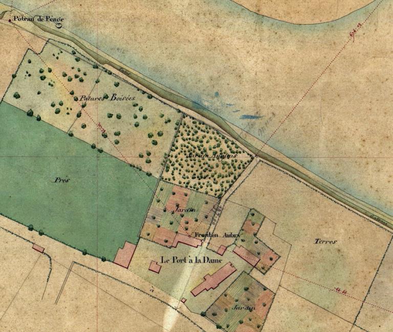 Carte de la Loire dressée sous la direction de l'ingénieur des Ponts-et-Chaussées Zeiller par l'ingénieur civil Auguste Grenier, 1851. Détail sur le Port à la Dame près de Cosne.