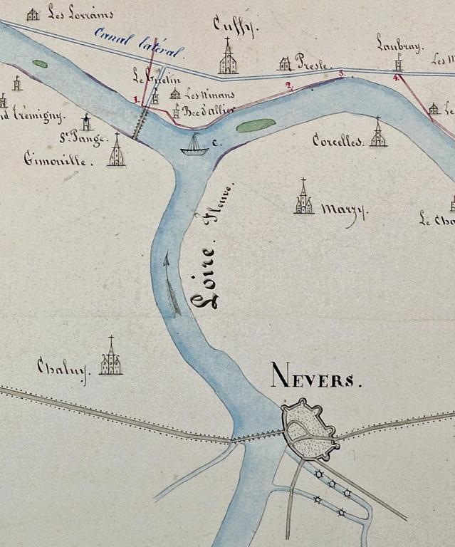 Carte de la Loire avec mention des bacs par l'ingénieur en chef des Ponts-et-Chaussées du département du Cher, 11 décembre 1833. Détail sur Nevers. (archives nationales, F 14 6549).