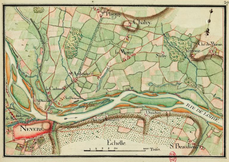 Carte du cours de la Loire depuis Coulanges jusqu'au Pont de Cé, vers 1755. Détail. (bibliothèque nationale, Cartes et Plans : Ge FF 17578 (res)).