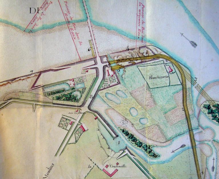 Plan des environs du pont de Nevers et d'une levée projetée pour empêcher la rivière d'attaquer les ouvrages et se porter dans le val Saint-Antoine par la brèche, ingénieur Martin, 25 février 1791. Détail. (archives nationales, F 14 1203). ; Plan des environs du pont de Nevers et d'une levée projetée pour empêcher la rivière d'attaquer les ouvrages et se porter dans le val Saint-Antoine par la brèche, ingénieur Martin, 25 février 1791. Détail. (archives nationales, F 14 1203).