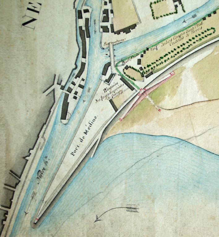 Plan général des abords de la levée du port de Nevers au coteau de Saint-Eloi présenté par l'ingénieur ordinaire Tibord le 4 février 1812. Détail sur le port de Médine. (archives départementales de la Nièvre, S 633).