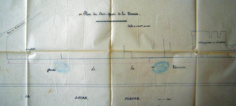 Plan du bas quai de la Verrerie (port de Billereux), entre l'abattoir et la manufacture de porcelaine, non daté (vers 1843-1844). (archives départementales de la Nièvre, S 10919).