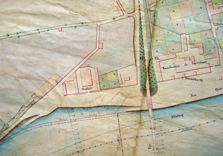 Plan général de la Loire aux abords de Nevers par l'ingénieur ordinaire Verdevoye, 23 janvier 1854. Détail sur le port de Billereux et deux cales abreuvoirs simples. (direction départementale de l'équipement de la Nièvre, Nevers). ; Plan général de la Loire aux abords de Nevers par l'ingénieur ordinaire Verdevoye, 23 janvier 1854. Détail sur le port de Billereux et deux cales abreuvoirs simples. (direction départementale de l'équipement de la Nièvre, Nevers).