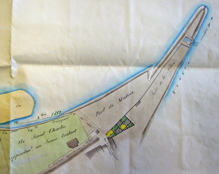 Plan figurant le port de Médine (dénommé par erreur port de la Nièvre) et le Port Neuf (dénommé par erreur port de Médine), ingénieur ordinaire Verdevoye, 14 octobre 1857. Détail. (archives municipales de Nevers, 1 N 206.1). ; Plan figurant le port de Médine (dénommé par erreur port de la Nièvre) et le Port Neuf (dénommé par erreur port de Médine), ingénieur ordinaire Verdevoye, 14 octobre 1857. Détail. (archives municipales de Nevers, 1 N 206.1).