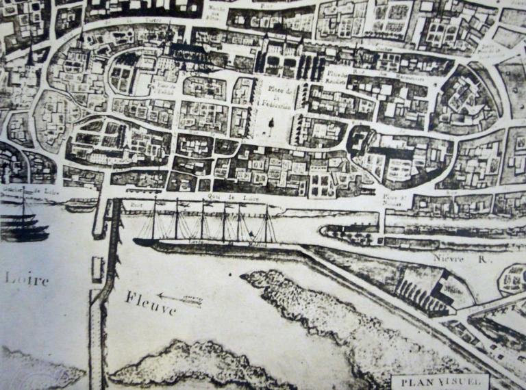 Plan visuel de Nevers, an II ou an III (1793-1794), détail. (médiathèque de Nevers, Plan I 9 carton 1). ; Plan visuel de Nevers, an II ou an III (1793-1794), détail. (médiathèque de Nevers, Plan I 9 carton 1).