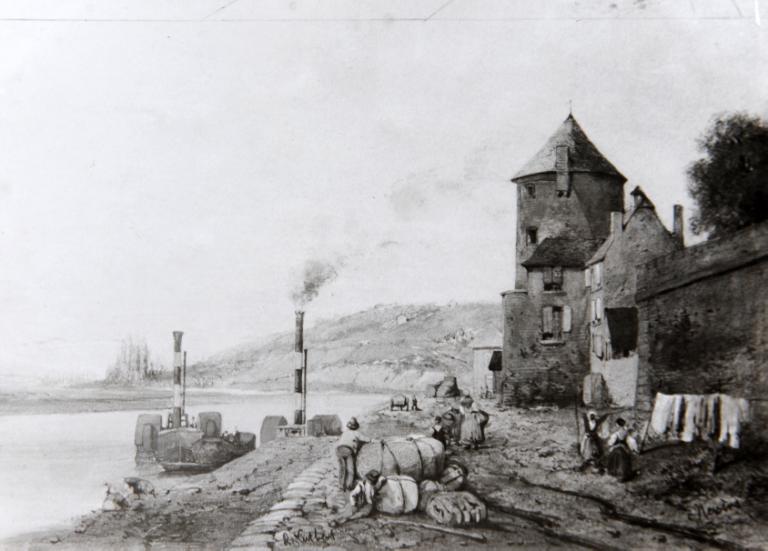La tour Goguin et bateaux à vapeur sur le quai de Nevers par le peintre Cutbert, vers 1843. (médiathèque de Nevers, 32 carton 1 bis).