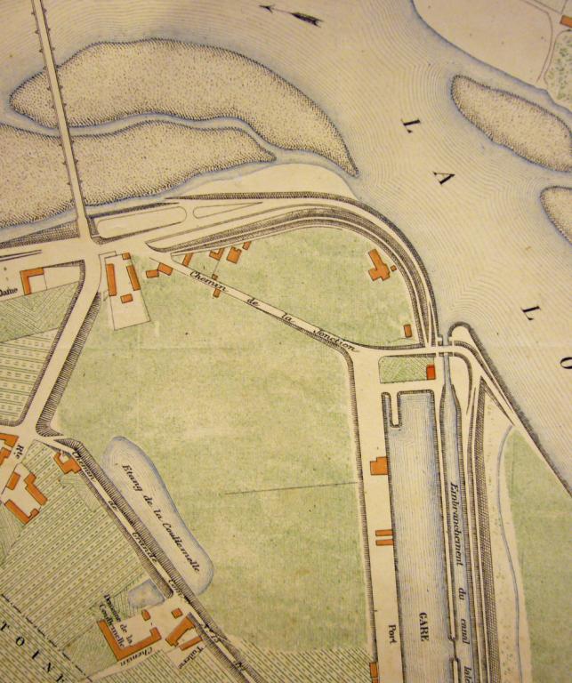 Plan de la ville de Nevers par Michel, voyer municipal, 1878. Détail sur la rive gauche en amont du pont. (médiathèque de Nevers, I 7 carton 1).