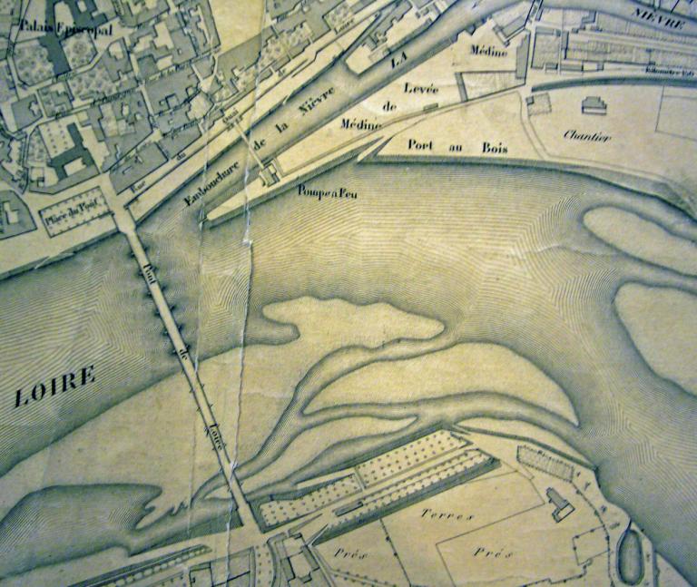 Plan général de la ville de Nevers par F. Marmet, avril 1856. Détail. (médiathèque de Nevers, I 3 carton 1). ; Plan général de la ville de Nevers par F. Marmet, avril 1856. Détail. (médiathèque de Nevers, I 3 carton 1).