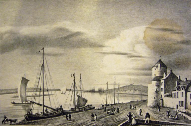 Quai de Loire à Nevers dessiné par Barat et lithogravé par E. Bussière, fin des années 1830. (médiathèque de Nevers, 30 série B). ; Quai de Loire à Nevers dessiné par Barat et lithogravé par E. Bussière, fin des années 1830. (médiathèque de Nevers, 30 série B).