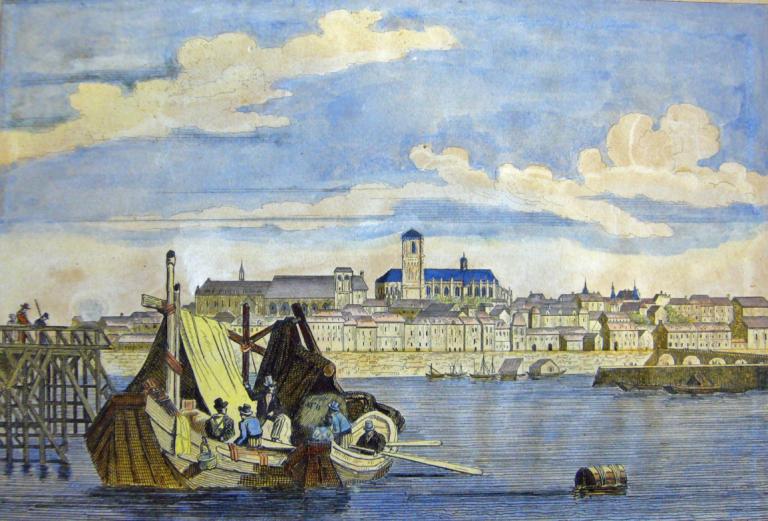 Nevers, la Loire entre le pont et l'embouchure de la Nièvre. Gravure vers 1830. (médiathèque de Nevers, I 52 carton 1).