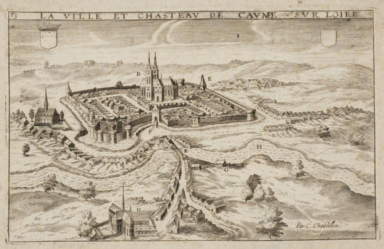 La ville et chasteau de Caune sur Loire, fin XVIe ou début XVIIe siècle. (archives départementales de la Nièvre, 1 Fi Cosne 3 (inv 516)).