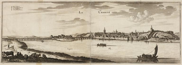 La Loire et la ville de La Charité en 1650 par Mérain. (archives départementales de la Nièvre, 1 Fi La Charité sur Loire 4).