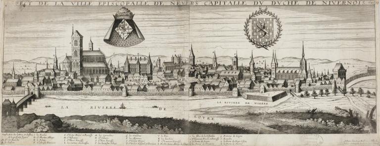 Aspect de la ville episcopalle de Nevers capitalle de Nivernois, Claude Chastillon, 1645. (archives départementales de la Nièvre, 1 Fi Nevers 48B). ; Aspect de la ville episcopalle de Nevers capitalle de Nivernois, Claude Chastillon, 1645. (archives départementales de la Nièvre, 1 Fi Nevers 48B).