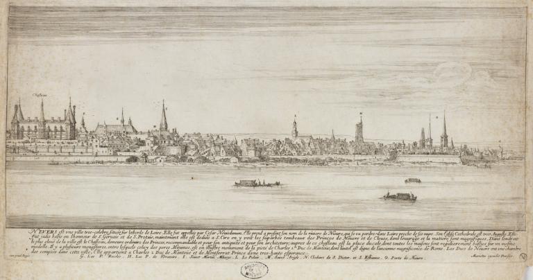 Rive droite de la ville de Nevers, gravure d'Israel Silvestre, seconde moitié du XVIIe siècle. (archives départementales de la Nièvre, 1 Fi Nevers 50).