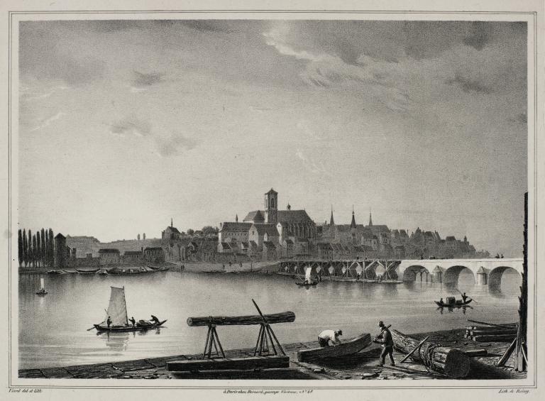 Nevers et le pont sur la Loire, vue prise depuis la rive gauche, début des années 1830 (travaux sur le pont). (archives départementales de la Nièvre, 1 Fi Nevers 55 A).