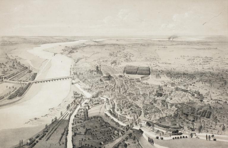 Voyage aérien sur la Loire et ses bords par Guesdon : Nevers en 1848-1849. (archives départementales de la Nièvre, 1 Fi Nevers 60 C).