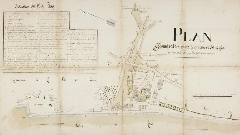 Plan géométral des forges impériales de Cosne levé en mars 1807. (archives départementales de la Nièvre, 10 J 98).