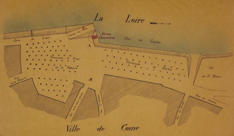 Projet de supprimer la grue établie sur le quai de Cosne par l'ingénieur ordinaire Sigault, 14 avril 1894. (archives départementales de la Nièvre, S 6632). ; Projet de supprimer la grue établie sur le quai de Cosne par l'ingénieur ordinaire Sigault, 14 avril 1894. (archives départementales de la Nièvre, S 6632).