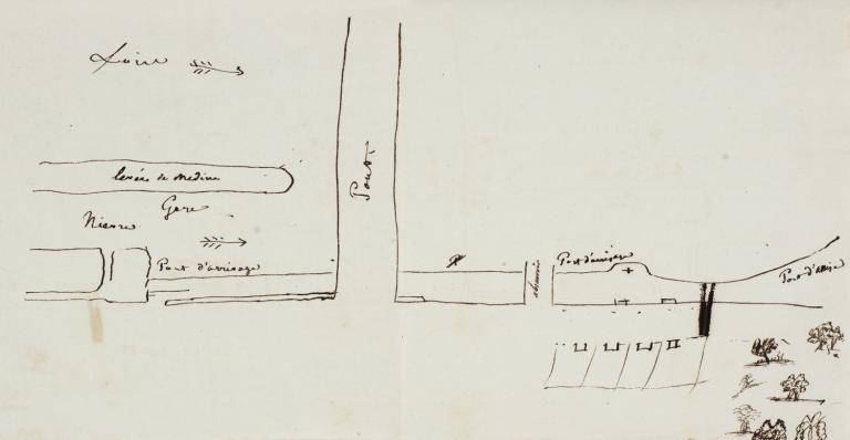 Situation des ports d'assise et des ports d'arrivage à Nevers, non daté (vers 1831). (archives départementales de la Nièvre, S 7054). ; Situation des ports d'assise et des ports d'arrivage à Nevers, non daté (vers 1831). (archives départementales de la Nièvre, S 7054).
