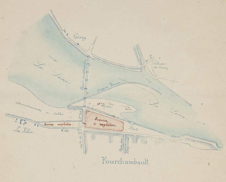 Plan de la Loire à Fourchambault, 30 juin 1897. (archives départementales de la Nièvre, S 7144). ; Plan de la Loire à Fourchambault, 30 juin 1897. (archives départementales de la Nièvre, S 7144).