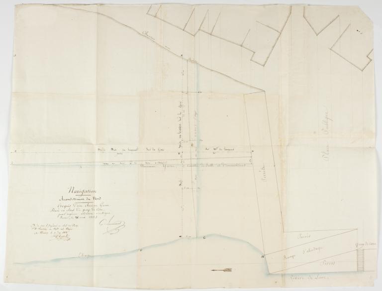 Croquis d'une ancienne gare placée en aval du quai de Cosne par l'ingénieur ordinaire Boucaumont, 26 mars 1828. (archives départementales de la Nièvre, S 11009). ; Croquis d'une ancienne gare placée en aval du quai de Cosne par l'ingénieur ordinaire Boucaumont, 26 mars 1828. (archives départementales de la Nièvre, S 11009).