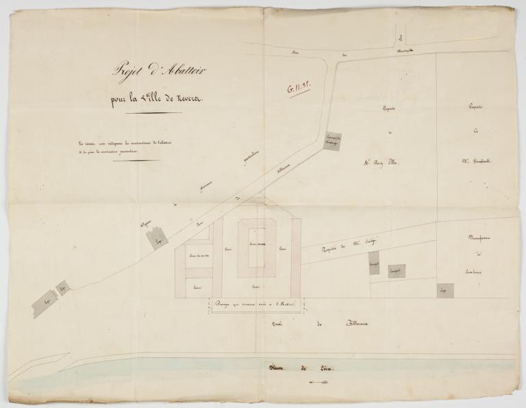 Plan de l'abattoir et de ses abords, non daté (1842 ?). (archives départementales de la Nièvre, S 7034). ; Plan de l'abattoir et de ses abords, non daté (1842 ?). (archives départementales de la Nièvre, S 7034).