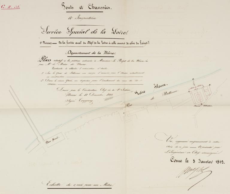 Plan relatif à la pétition tendant à obtenir l'autorisation d'établir une rampe d'accession à l'abattoir en cours de construction et un aqueduc pour l'écoulement des eaux dudit abattoir, 11 décembre 1841, conducteur Couppery.
