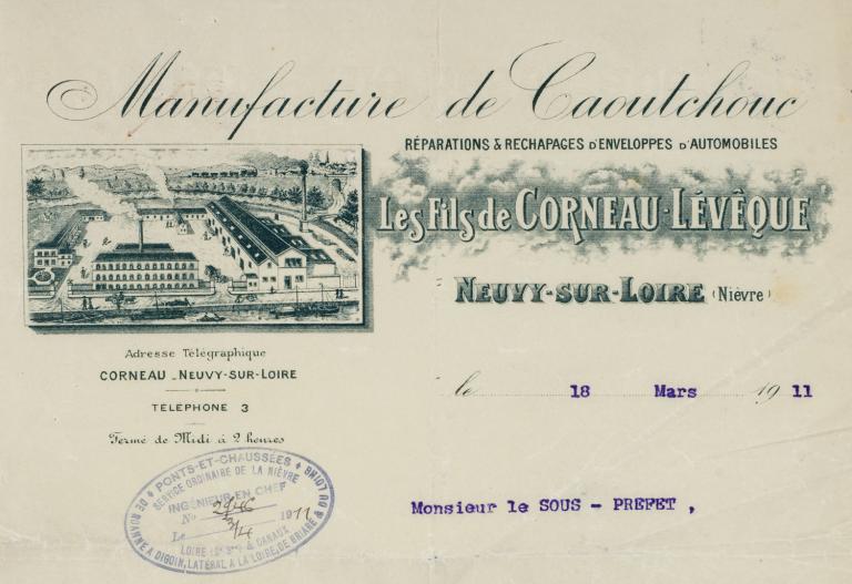 Papier à entête de la manufacture de Caoutchouc de Neuvy-sur-Loire, 1911. (archives départementales de la Nièvre, S 9479).