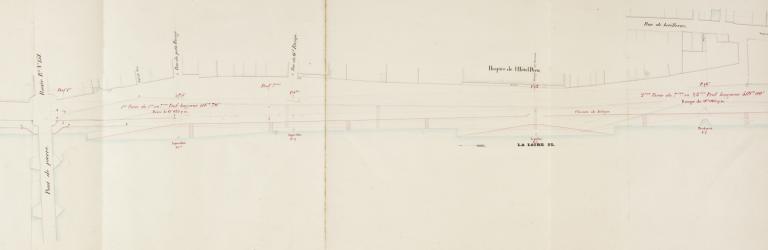 Plan du quai à reconstruire en amont du pont de pierre et d'un chemin de halage à établir en amont et en aval de ce pont, 12 février 1839, ingénieur ordinaire Joncoumont. Détail comprenant la cale double. (archives départementales de la Nièvre, S 10944).