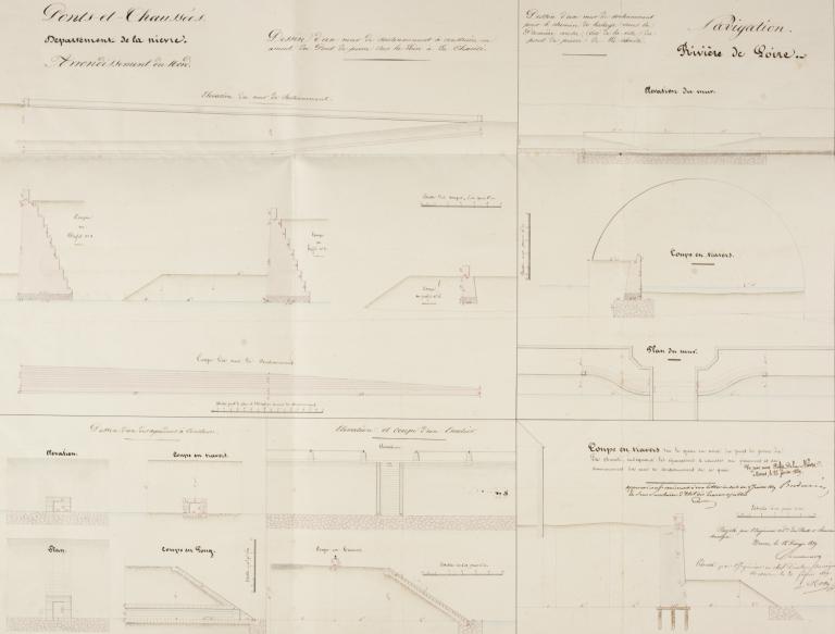 Dessins de deux murs de soutènement à construire, d'un aqueduc, d'un escalier, d'une coupe sur le quai, 12 février 1839, ingénieur ordinaire Joncoumont. (archives départementales de la Nièvre, S 10944). ; Dessins de deux murs de soutènement à construire, d'un aqueduc, d'un escalier, d'une coupe sur le quai, 12 février 1839, ingénieur ordinaire Joncoumont. (archives départementales de la Nièvre, S 10944).