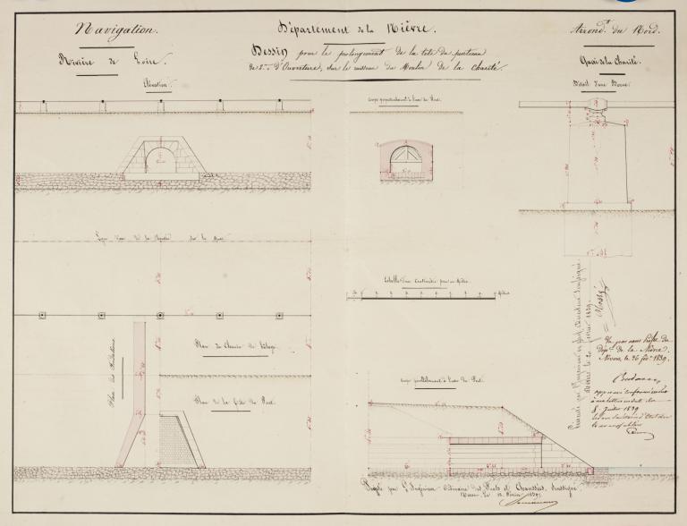 Dessin pour le prolongement de la tête du ponceau sur le ruisseau du moulin de la Charité, 12 février 1839, ingénieur ordinaire Joncoumont. (archives départementales de la Nièvre, S 10944).