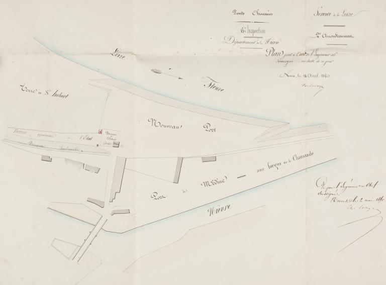 Plan du port de Médine et du nouveau port (mention du bureau d'octroi), 24 avril 1850, ingénieur ordinaire Verdevoye. (archives départementales de la Nièvre, S 11043). ; Plan du port de Médine et du nouveau port (mention du bureau d'octroi), 24 avril 1850, ingénieur ordinaire Verdevoye. (archives départementales de la Nièvre, S 11043).