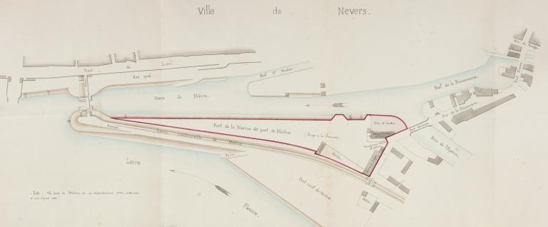 Projet d'affectation au service des POnts-et-Chaussées du port de la Marine dit port de Médine à Nevers, 30 mai 1879, ingénieur en chef Moreau. (archives départementales de la Nièvre, S 4823).