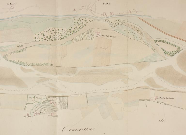 Plan géométrique de la Loire à l'état d'étiage dans l'année 1834, détail sur le Port à la Dame (commune de Cosne). (archives départementales de la Nièvre, S 3064).