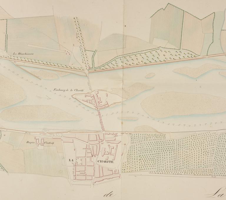 Plan géométrique de la Loire à l'état d'étiage dans l'année 1834, détail sur La Charité. (archives départementales de la Nièvre, S 3064).