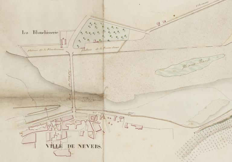 Plan géométrique de la Loire à l'état d'étiage dans l'année 1834, détail. Mention d'une grue. (archives départementales de la Nièvre, S 3066).